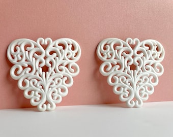 Pair of Large Vintage Wilton Filigree, Floral Scroll Cake Decoration for Weddings; White Plastic Applique for Crafts, Dollhouse