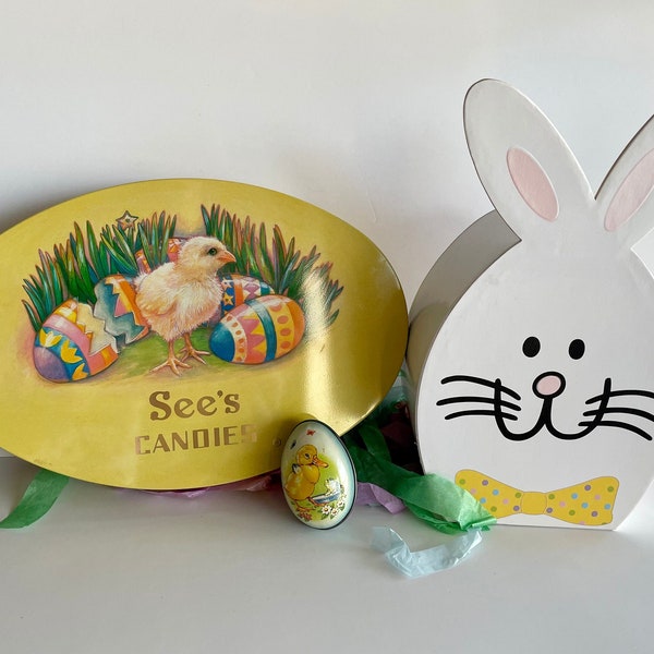 Vintage See’s Candies Tin; Easter Candy Container Box; Chicks OR Bunny Rabbit; OR Metal Egg Candy Holder with Duckling