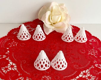 Pair of Vintage "Sugared" White Filigree Bells for Wedding, Crafts or Cake Decorations; 2 White Glittered 1960s Cake Topper Bell