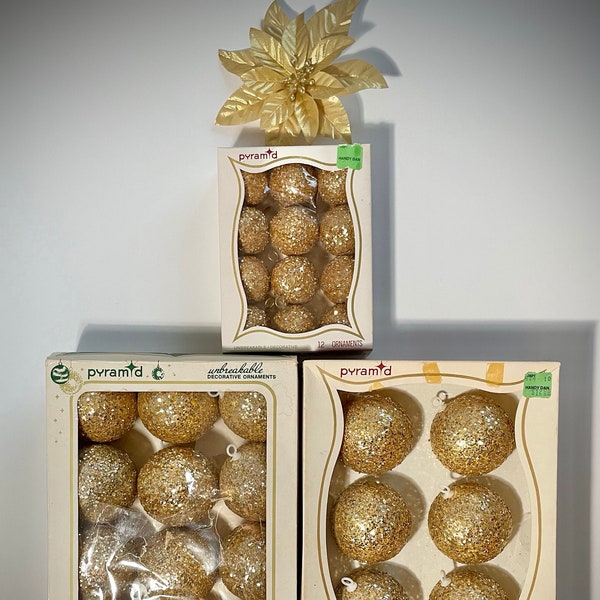 Box of Vintage Sugared Glitter Christmas Ornaments, Gold Unbreakable Decorations, Boxed Set of 1960s Kitschmas Balls for Tree or Crafts