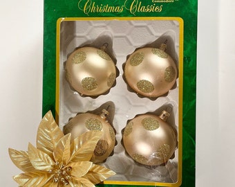 Vintage Polka Dot Glass Tree Ornaments, Boxed Set of Gold Glitter Christmas Balls by Christmas Classics for Commodore