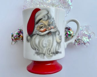 Vintage Santa Mug by Lefton; Merry Christmas Coffee or Tea Cup with Red Pedestal Base; MCM Santa Face; 1960s