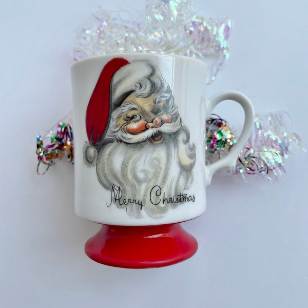 Vintage Santa Mug by Lefton; Merry Christmas Coffee or Tea Cup with Red Pedestal Base; MCM Santa Face; 1960s