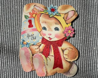 Vintage Bunny birthday card, flocked and die cut, MCM 1950s by Gibson