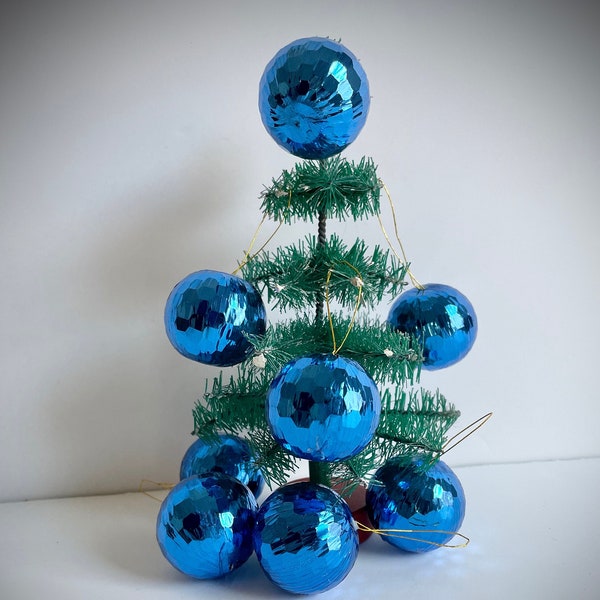 Vintage Mini Feather Tree Satin Ornaments, Set of 8 Electric Blue "Disco" Balls with Honeycomb Detail, Christmas, décor or crafts, MCM
