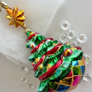 Vintage Christopher Radko &quot;Harlequin Holiday&quot; Christmas Tree Ornament, 2-piece, Mardi Gras Colors, New Old Stock # 1010897