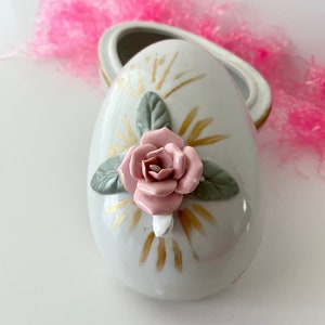 Vintage Egg Shaped Trinket Box with Pink Rose on Top; Hand Painted, Lidded Oval Box for Easter, Candy or Romantic Gift; Made in Japan