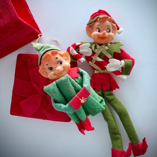 Vintage  Red and Green OR Candy Cane Knee Hugger Elf, ONE MCM 1960s Pixie, Elf On a Shelf Christmas Decoration, Made in Japan, Kitschmas