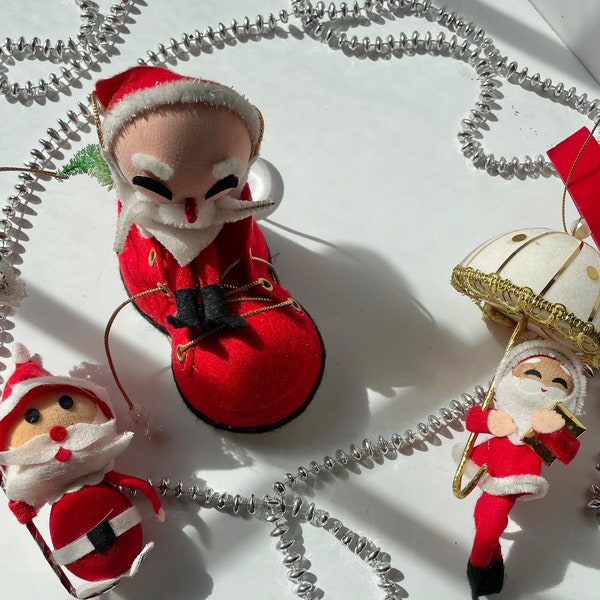 Vintage Made in Japan Felt Santa Ornaments, Large shoe, Umbrellas, MCM 1960s Kitchmas