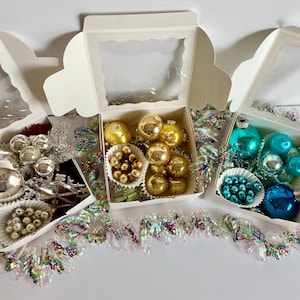 Vintage Mercury Glass Ornaments for Decorating, Crafts or Tablescape; Blue, Gold OR Silver Goodie Box; MCM Holiday Set, 1940s - 1970s