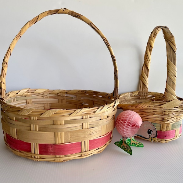 Vintage Wicker Easter Basket; CHOICE of Natural Woven Pink and Green Medium Holder; Spring Decor; MCM