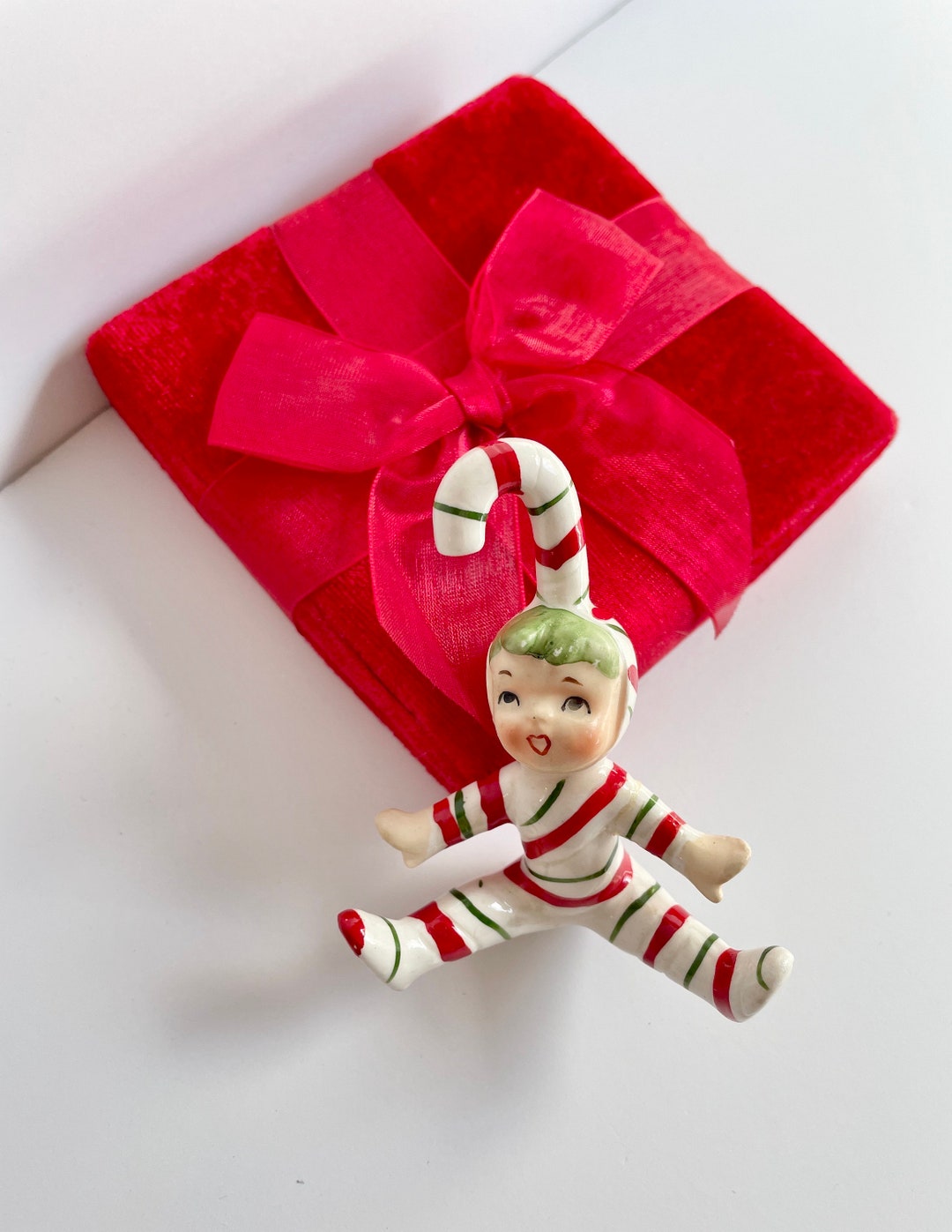 Vintage Lefton Candy Cane Kid Christmas Pixie Collectible IMPERFECT