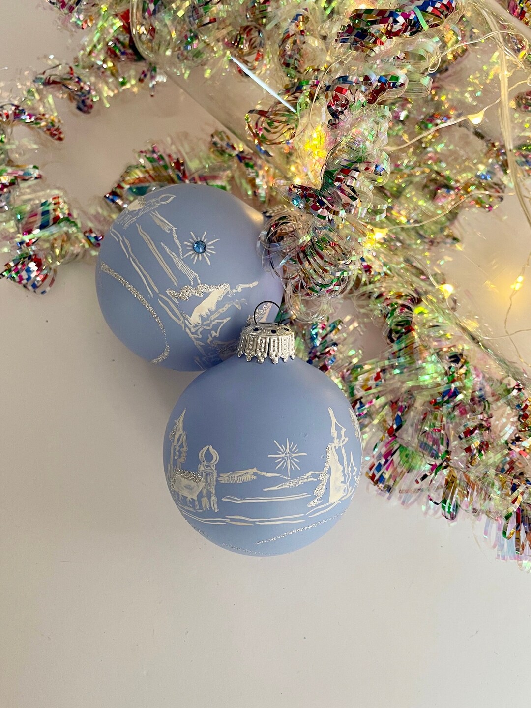 2 Vintage Jasper / Sky Blue Christmas Tree Ornaments Matte Glass With ...