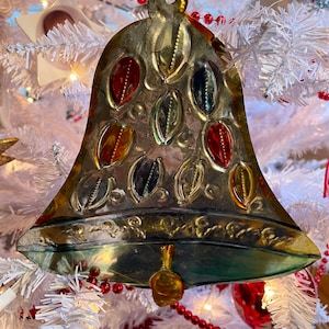 Large Vintage Punched Tin Christmas Bell, Silver Bell Ornament or Wall Decor, Mexican Folk Art, Hammered Metal, 1960s MCM