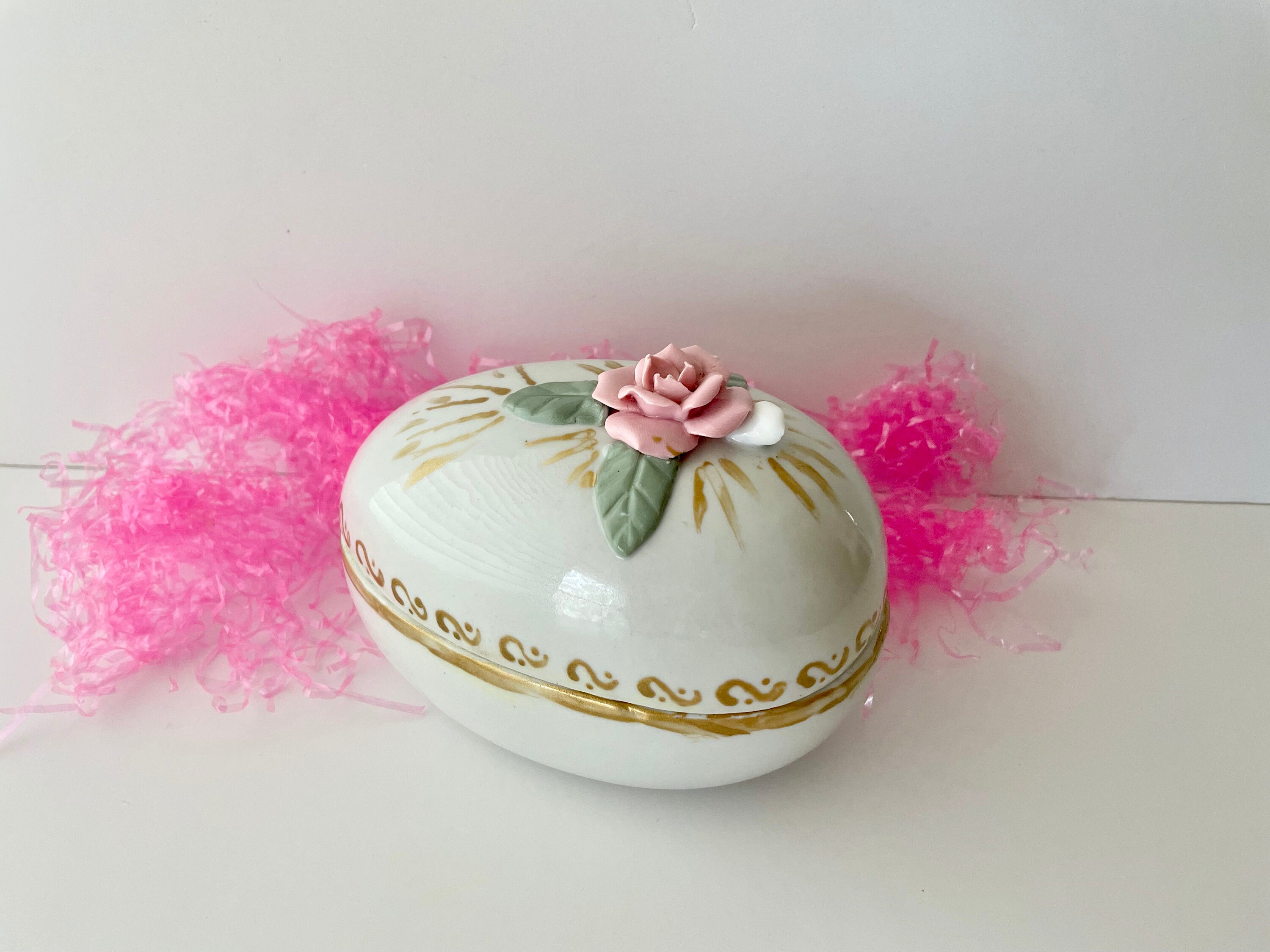 Vintage Egg Shaped Trinket Box With Pink Rose on Top; Hand
