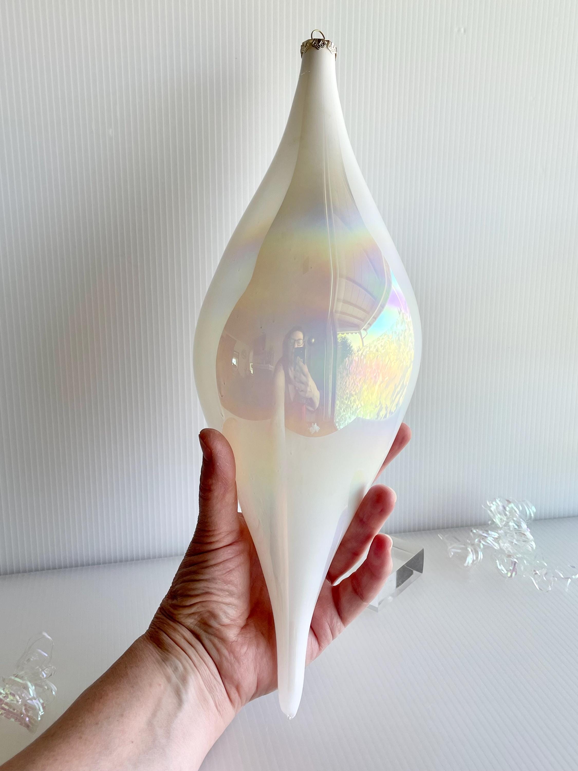 Vintage XL Glass Drop Ornament by Silvestri; Jumbo Snow White Iridescent, Oil Slick Teardrop Decoration for Christmas, Wedding or Winter