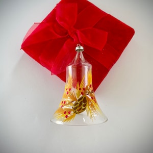 Antique Clear Glass Bell Ornament with Hand Painted Pinecone; Unsilvered Glass Christmas Figural Bell; 1940s