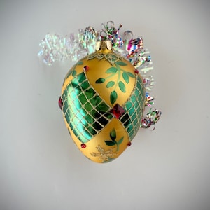 Large Vintage Gold and Green Glass Egg Ornament; Faberge Inspired Glitter and Rhinestone Detail Tree Ornament; Christmas or Easter
