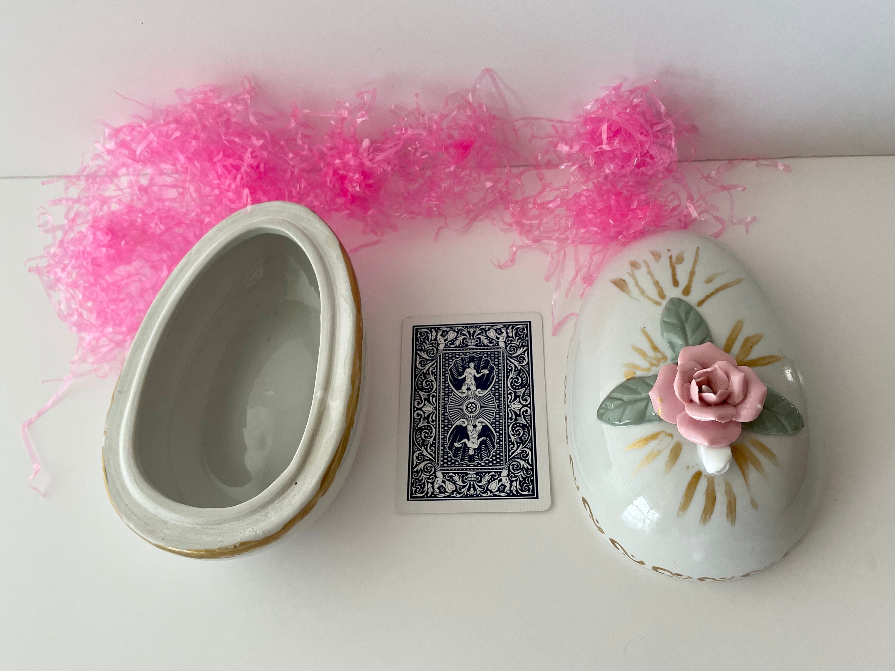 Vintage Egg Shaped Trinket Box With Pink Rose on Top; Hand