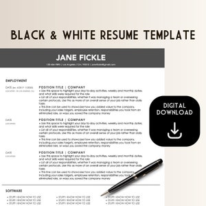 May include: Black and white resume template with the title "Jane Fickle" and contact information. The template includes sections for employment, software, and skills. The text "Digital Download" is in a black box with a download arrow.