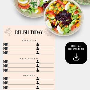 May include: A digital download menu template with the text "Relish Today" and sections for appetizer, main course, and dessert. Two bowls of salad with various vegetables and eggs are in the background. A digital download icon is in the corner.