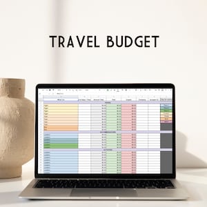 Op de afbeelding: Een laptopscherm dat een spreadsheet toont met de titel "TRAVEL BUDGET". De spreadsheet is verdeeld in kolommen voor "What it is", "# of days / Time", "Amount Total", "TRAVEL", "Paid", "Unpaid", "Company", "Accepts CC" en "Key for colors". De spreadsheet is kleurgecodeerd met verschillende kleuren voor verschillende categorieën van uitgaven.