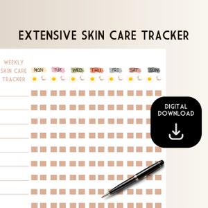 May include: A printable skin care tracker with a weekly layout. The tracker has a grid of squares for each day of the week, with icons for morning and evening routines. The text "EXTENSIVE SKIN CARE TRACKER" is at the top of the page. The text "WEEKLY SKIN CARE TRACKER" is at the top left of the grid. The days of the week are labeled: MON, TUE, WED, THU, FRI, SAT, SUN. A digital download icon is in the bottom right corner.