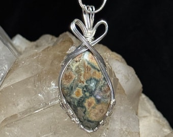 Floral Ocean Jasper Pendant, Argentium Sterling Silver Wire Wrapped Necklace