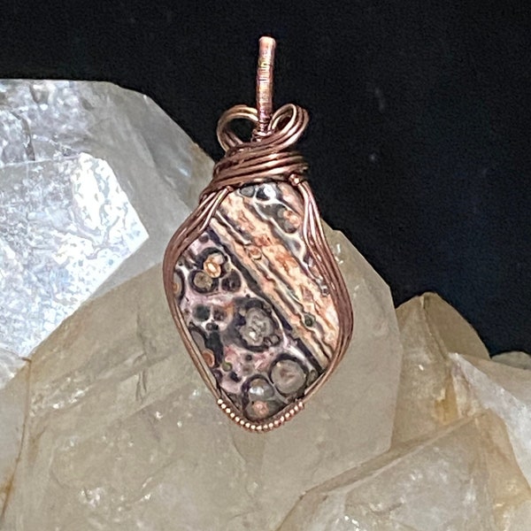 Exotic Leopard Skin Jasper Necklace, Handcrafted Copper Pendant, USA Made Jewelry, Unique Statement Piece, Wire Wrapped Boho Chic Pendant