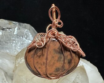 Copper Wire Wrapped Mahogany Obsidian Pumpkin Pendant - USA Handcrafted