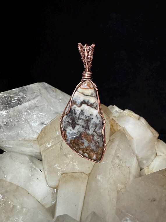 Rhyolite Jasper Wire Wrapped Necklace - Rustic Stone Pendant, USA Handmade Boho Chic Gift