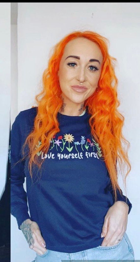 Love Yourself First - embroidered sweatshirt Navy positivity, self love, self care, body positivity sizes XS-2XL Plus size