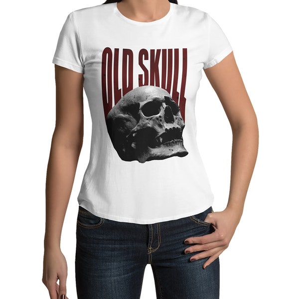 Old Skull Totenkopf Schädel T-Shirt Damen Kurzarm Rundhals Oberteil für Frauen Vintage Top aus Baumwolle Regular Fit schwarz weiß XS-XXXL