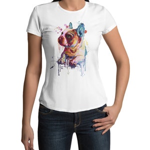 French Bulldog Women T-Shirt Print French Bulldog Painted Ladies Shirt Waisted Black White Pink in Size XS-XXXL...