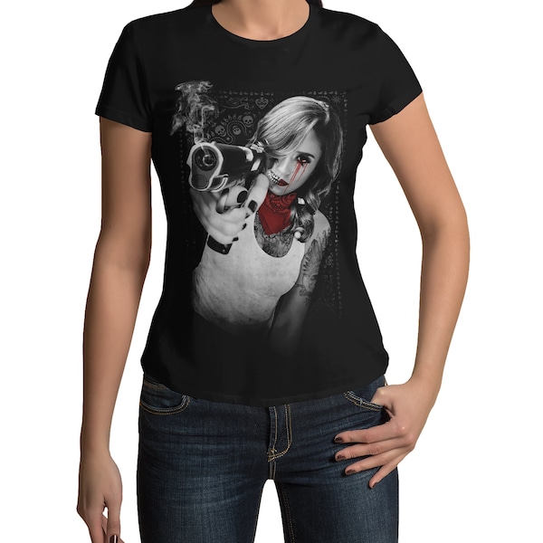 Rockiges Frauen T-Shirt Bedruckt mit Motiv Tattoo Girl Damen Shirt Ladyfit Tshirt Grunge Design mit coolen Aufdruck Gr. S-3XL…