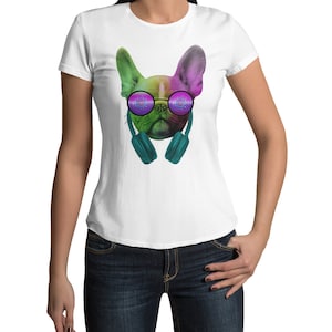 French Bulldog with Headphones Women TShirt Short Sleeve Round Neck Top for Women with Dog Motif Regular Fit black white pink Size XS-XXXL