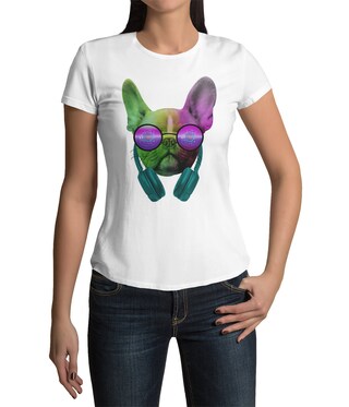 Maglietta Donna Con Bulldog Francese E Cuffie, Cotone Organico, Girocollo, Vestibilità Regolare, Nero/Bianco/Rosa, Knut Fashion