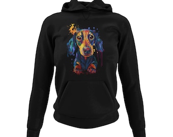 Damen Hoodie Kapuzensweatshirt Motiv Dackel Frauen Kapuzenpullover Sweatshirt für echte Teckel Fans Schwarz Soft Rose und Gr. XS-3XL