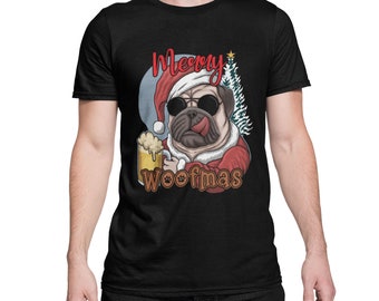 Camiseta de Papá Noel para hombre, diseño de perro Pug divertido, diseño de camiseta Unisex, Papá Noel, Feliz Woofmas, talla Regular XS-XXXXXL…