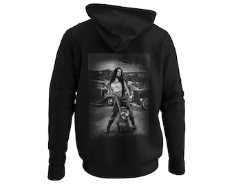 Sudadera con capucha para hombre con estampado trasero Hot Rod Girl Bulldog inglés Sudadera con capucha para hombre traje Rockabilly jersey de manga larga ropa XS 5XL
