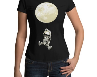 Women's Tshirt with Astronaut Moon Balloon Imprint Women T-Shirt Modern Top with Motif Waisted Shirt Black or Pink Size XS-XXXL