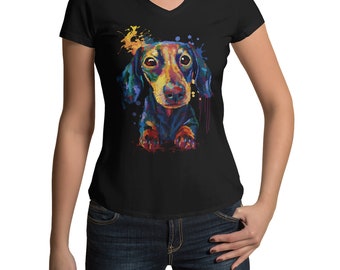 Camiseta de mujer V-Neck Motif Dachshund Mujeres V-Camisa Enano Dachshund para Real Teckel Fans Negro Blanco y Tamaño S-XXL