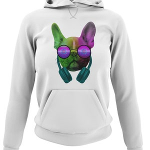 French Bulldog with Headphones Women Hoodie Hooded Top for Women with Bully Hoodie Super Cuddly Regular Fit Gr. XS-XXXL