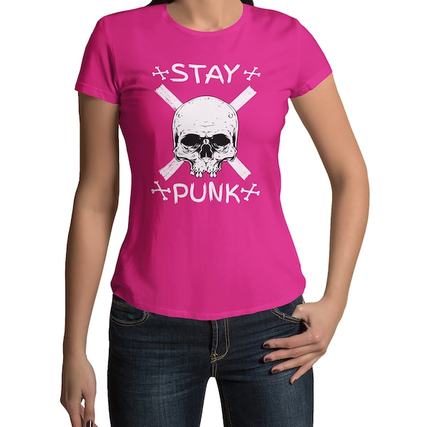 Stay Punk Totenkopf Skull T-Shirt Damen Kurzarm Rundhals Oberteil für Frauen Vintage Top aus Baumwolle Regular Fit schwarz pink Gr. XS-XXXL