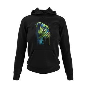 May include: Black hoodie with a colorful graphic of a bulldog's head with paint dripping down. The bulldog is green, blue, and yellow.