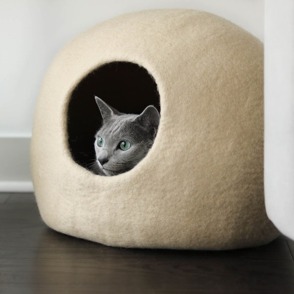 Felt Cat Cave | Cat Cocoon Hideaway | Handmade New Zealand Wool Cat Cave | Modern Cat Bed with Minimalist Design | Cat House | Globe Cat Bed