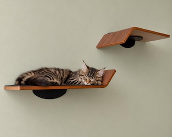 Floating Cat Shelves: Minimalist Modern Cat Furniture, Cat Bridge Set, Wood Cat Perch, Wall-Mounted with Scratcher, Walnut or Ash finish