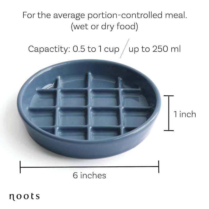Slow feeder holds up to 8oz of food or 1 cup.