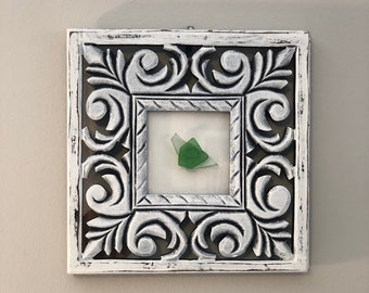 Seaglass Art, framed in a one of a kind Carved wooden frame. 7.5 x 7.5