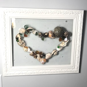 Sea Shells and Sea Glass Art/Ocean Art/Beach Art/ Heart Shaped in white frame/Home Decor/House Warming Gift/Resin Art/Maine Beaches